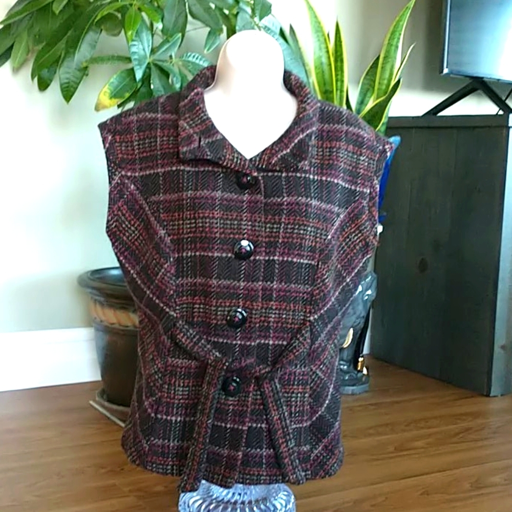 CAbi Black and Burgundy Plaid Sleeveless Jacket